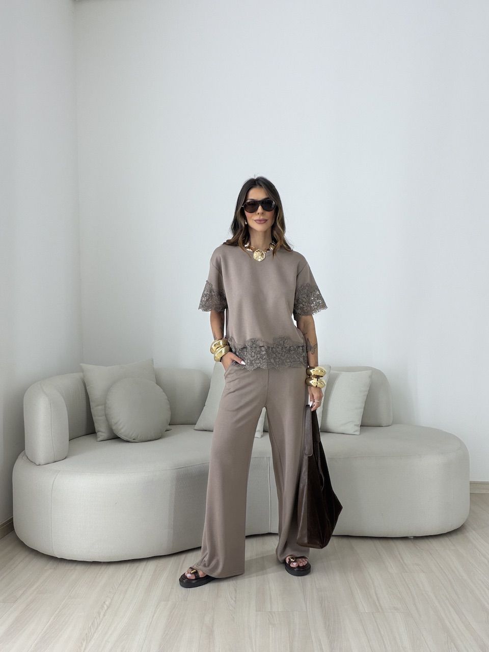 CONJUNTO SABRINA BLUSA RENDA CAQUI - 0080970096 - CAROLLA FERRARO
