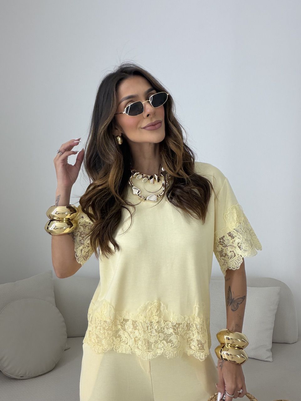 CONJUNTO SABRINA BLUSA RENDA AMARELO