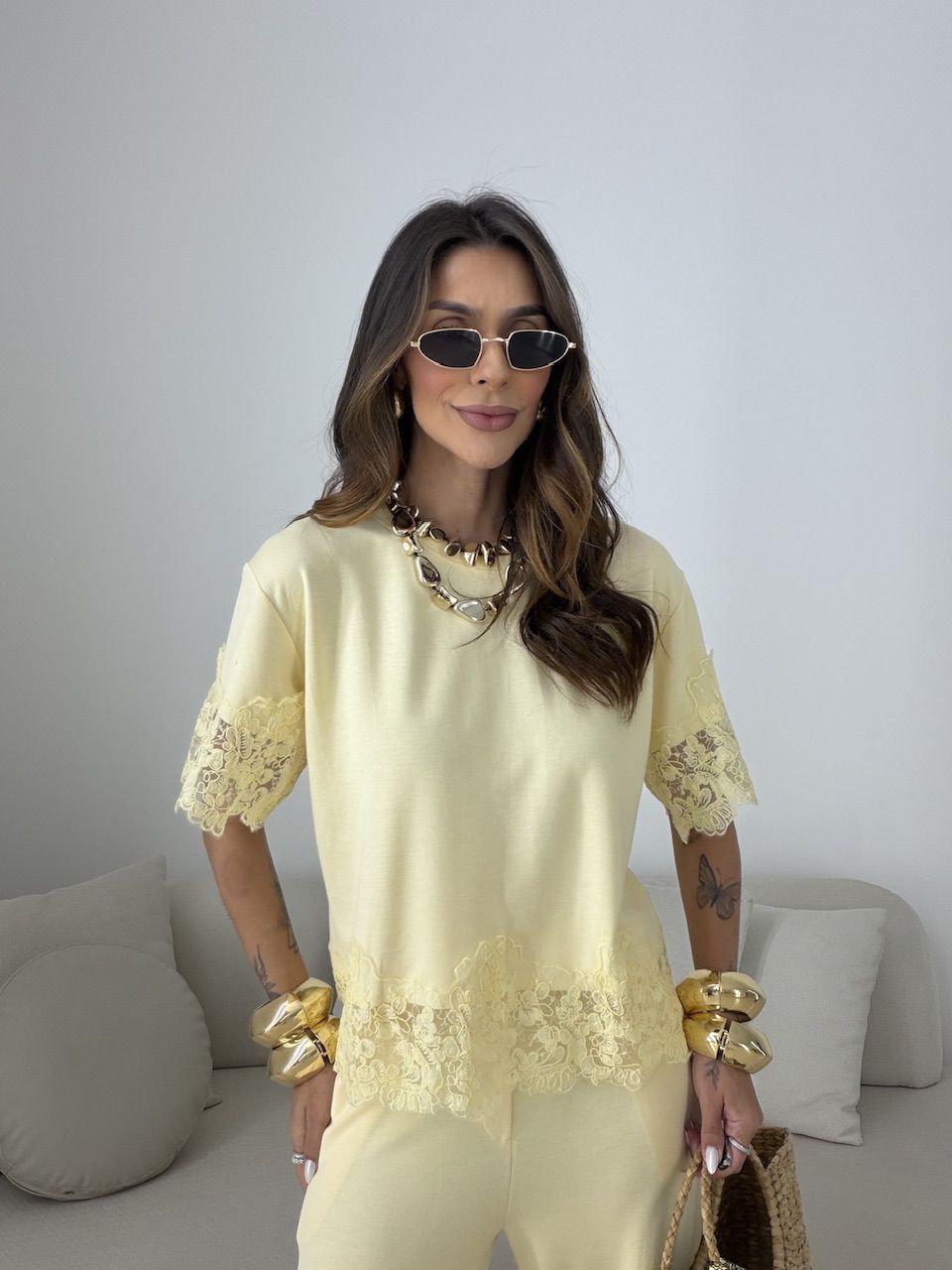 CONJUNTO SABRINA BLUSA RENDA AMARELO