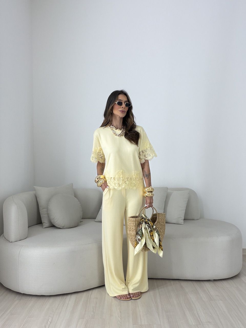 CONJUNTO SABRINA BLUSA RENDA AMARELO - 0080970111 - CAROLLA FERRARO