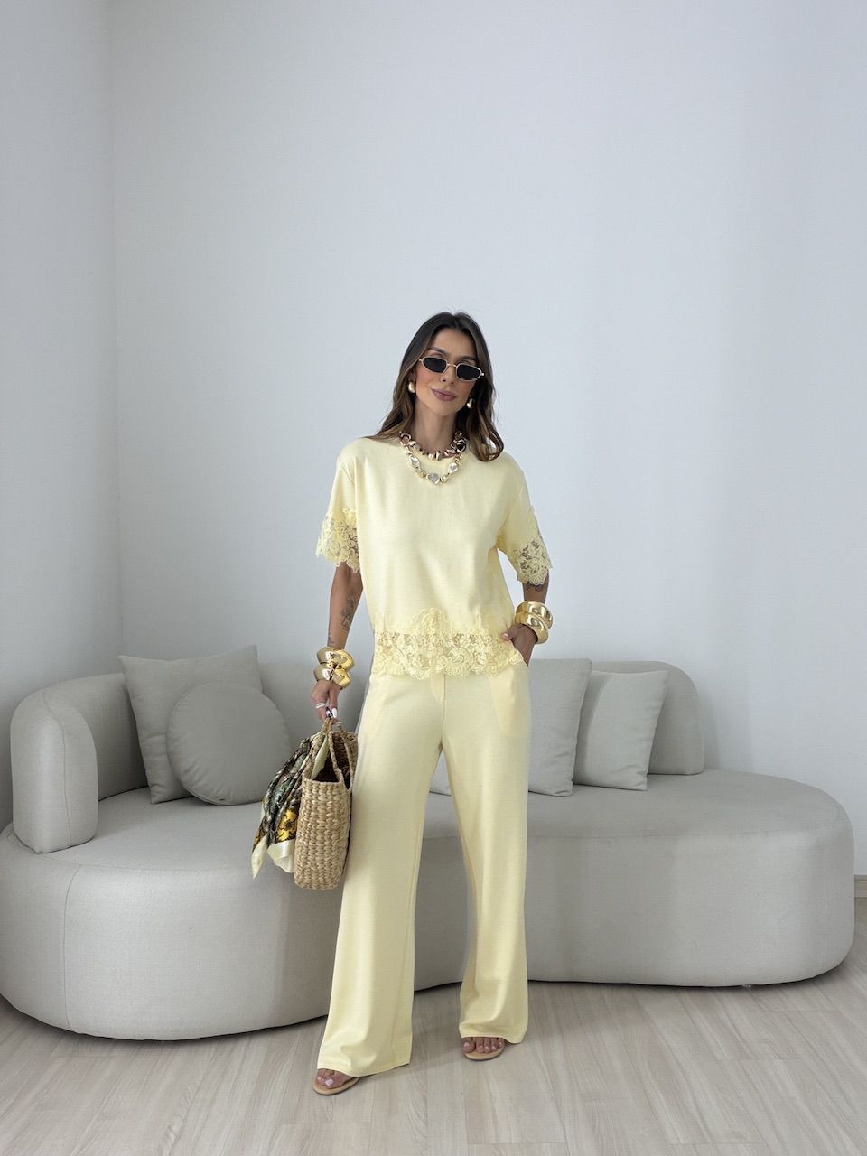 CONJUNTO SABRINA BLUSA RENDA AMARELO