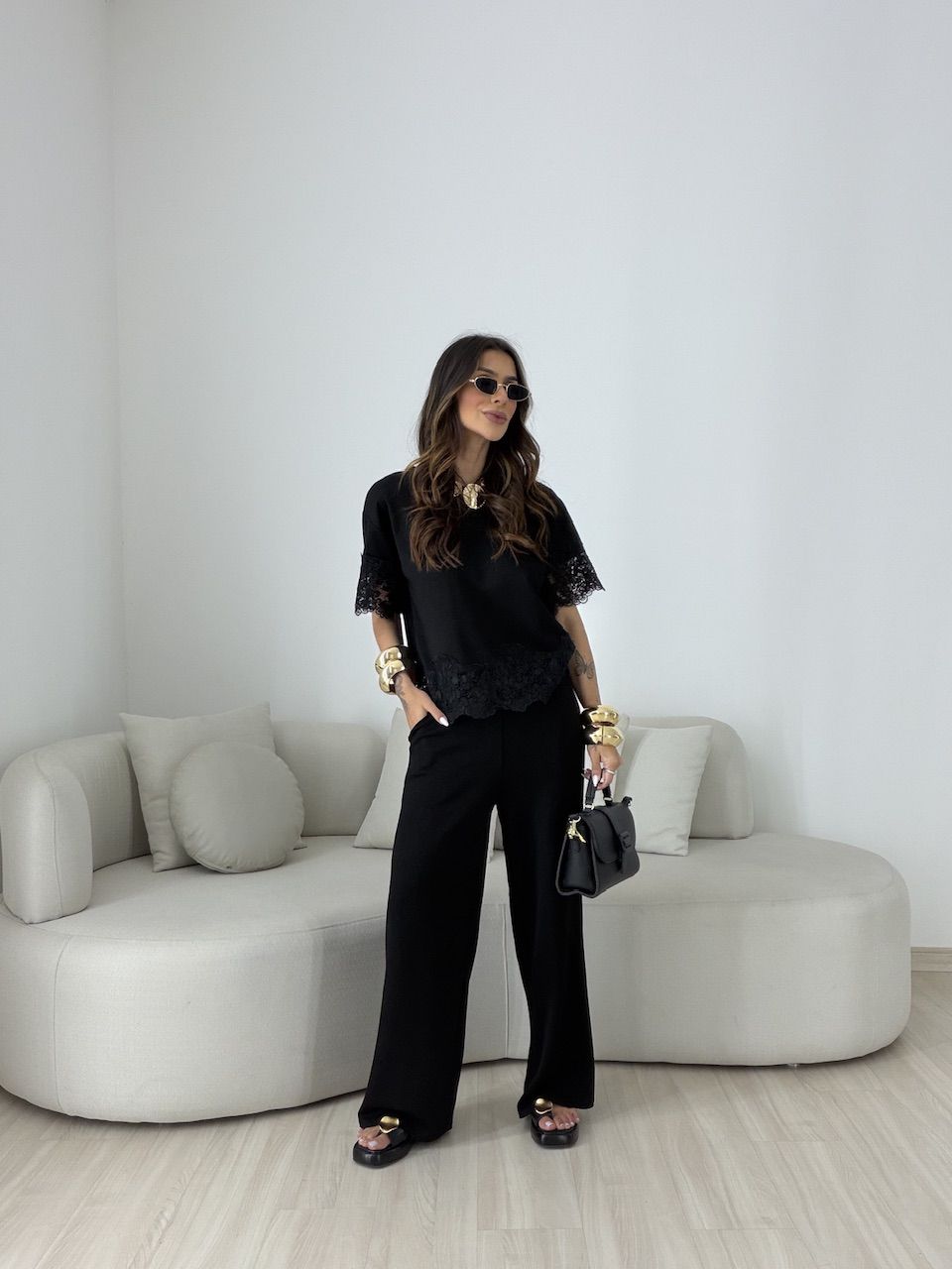 CONJUNTO SABRINA BLUSA RENDA PRETO - 0080970032 - CAROLLA FERRARO