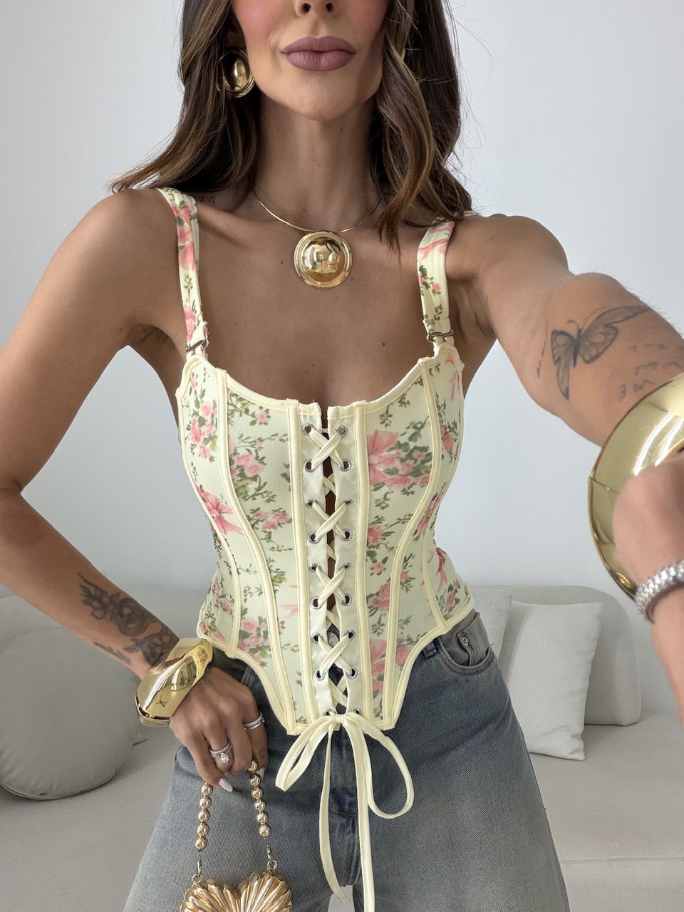 CORSELET VERA FLORAL AMARELO