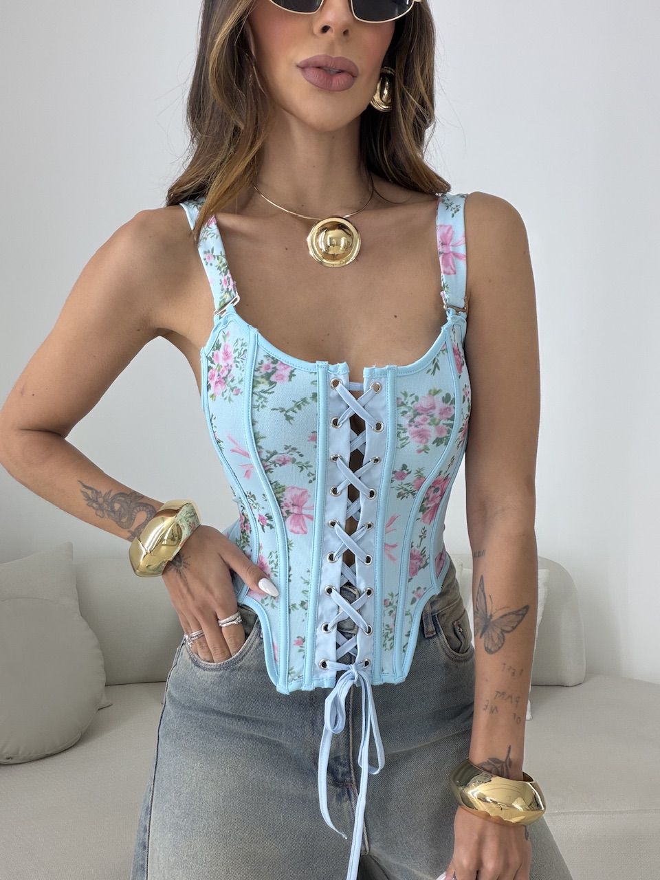 CORSELET VERA FLORAL AZUL