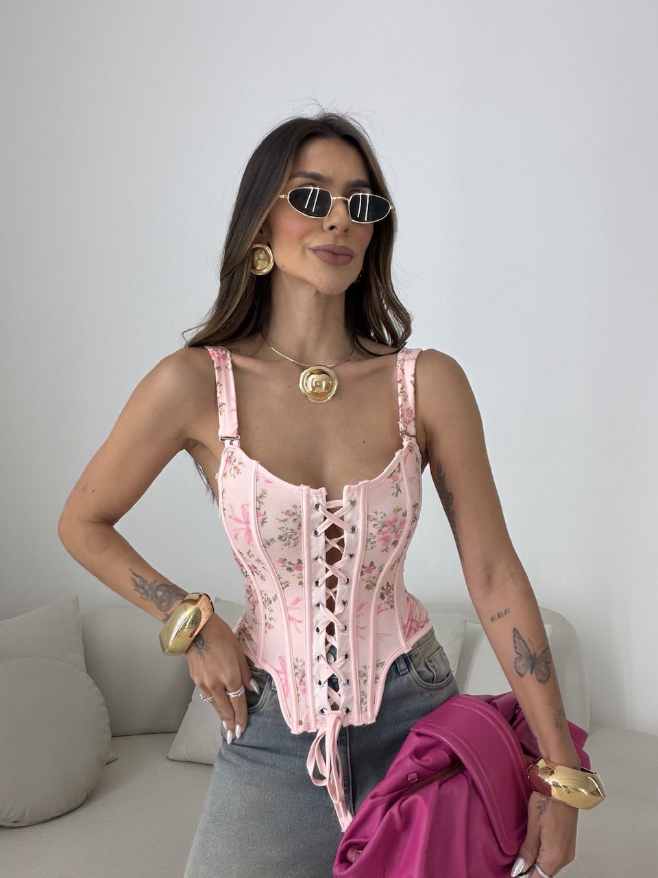 CORSELET VERA FLORAL ROSA