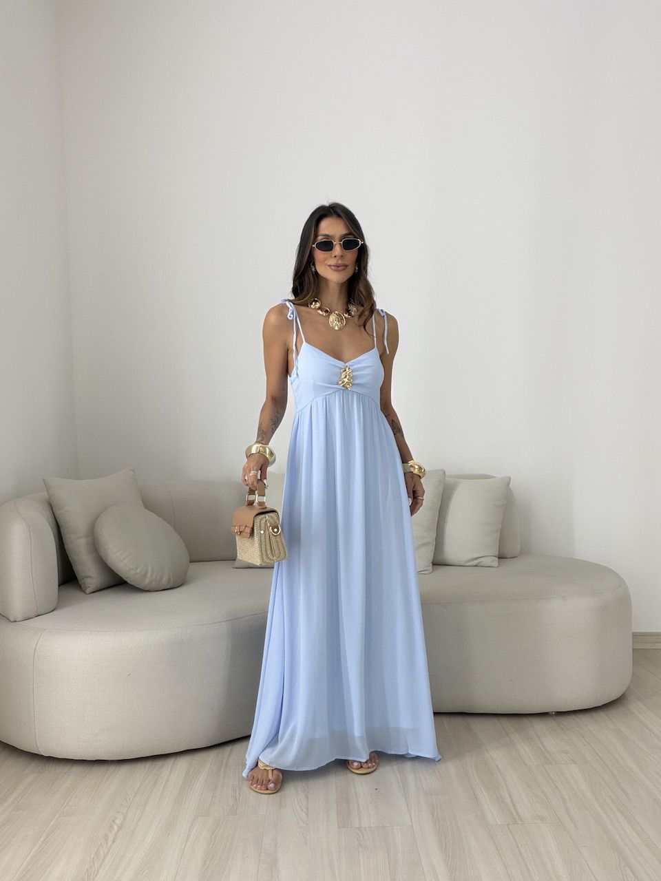 VESTIDO ANTONELA METAL AZUL - 0081070109 - CAROLLA FERRARO