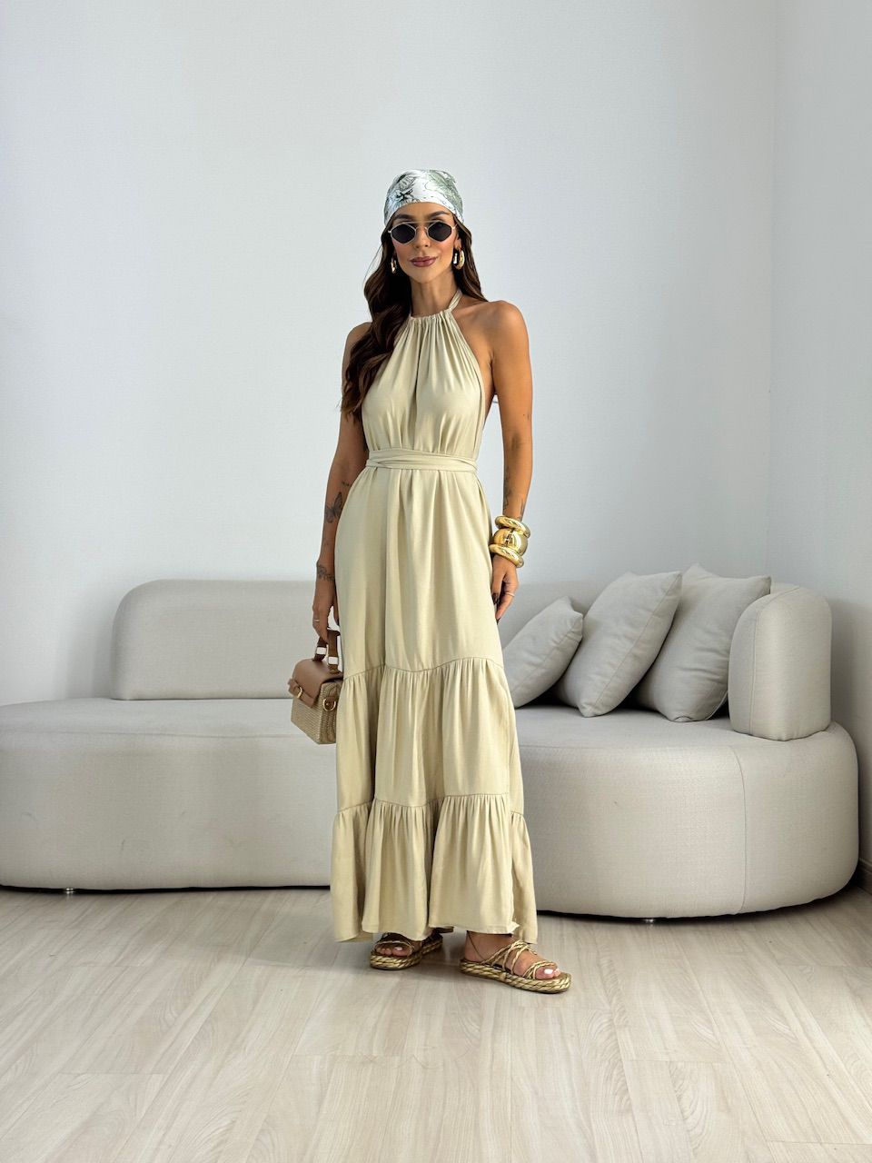 VESTIDO JASMIN FRENTE ÚNICA CHAMPAGNE - 0070550093 - CAROLLA FERRARO