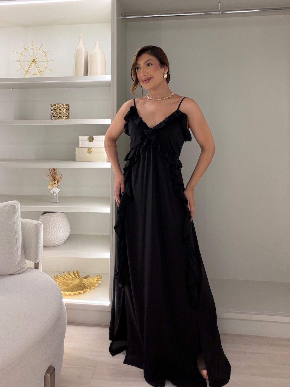 VESTIDO MARINA BABADOS PRETO