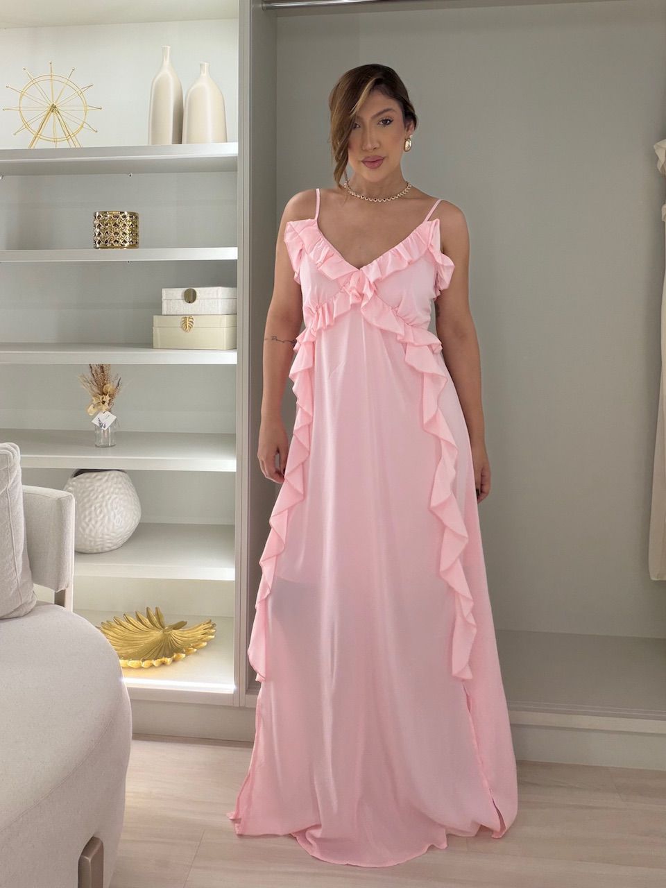 VESTIDO MARINA BABADOS ROSA - 0082290031 - CAROLLA FERRARO