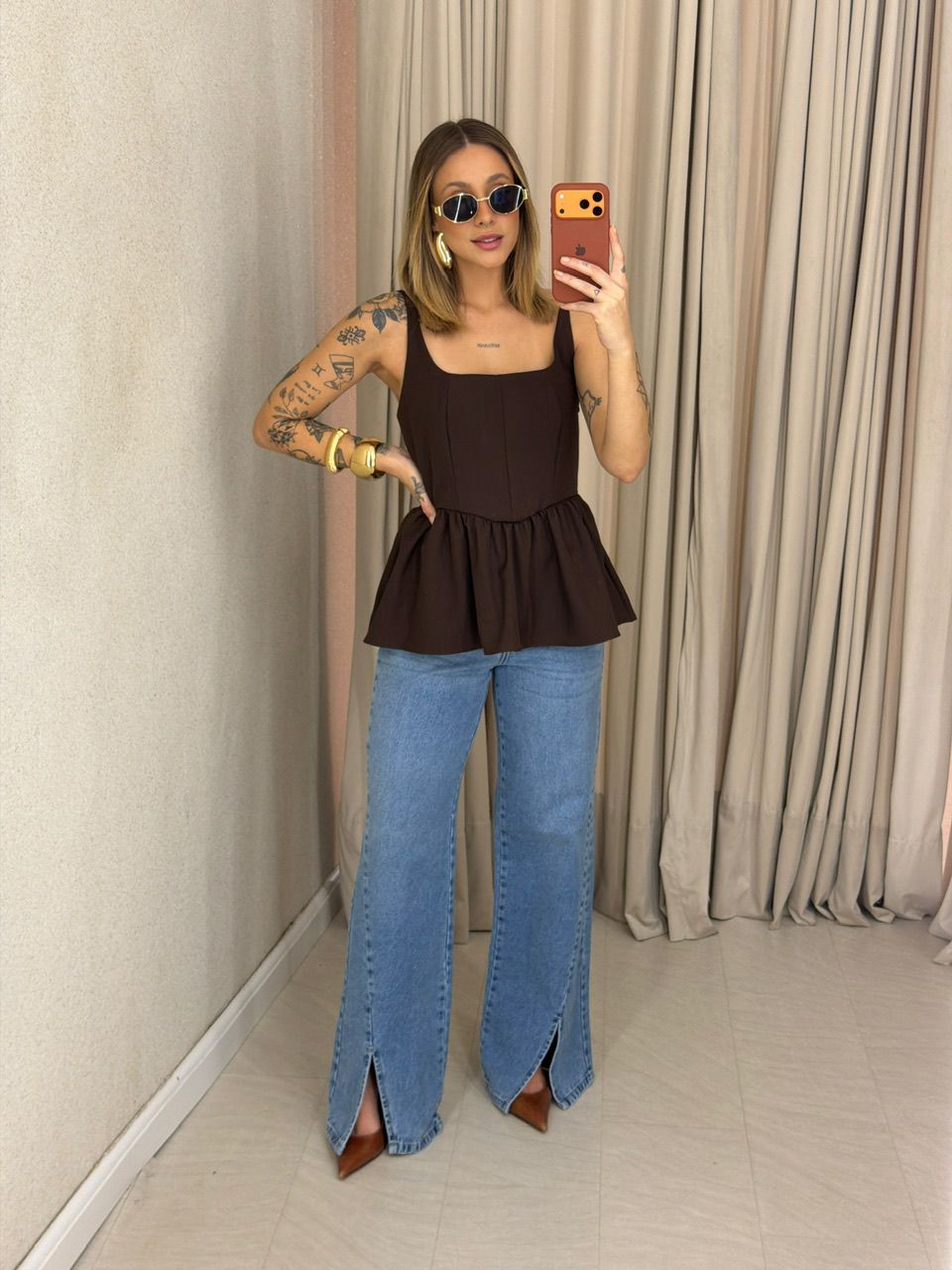 BLUSA ESTELA PEPLUM CAFÉ