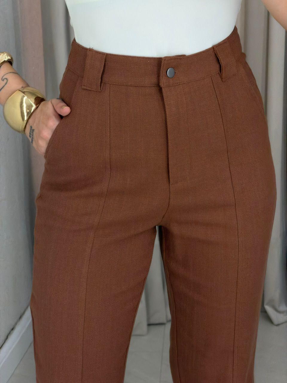 CALÇA ROSE ZÍPER MARROM