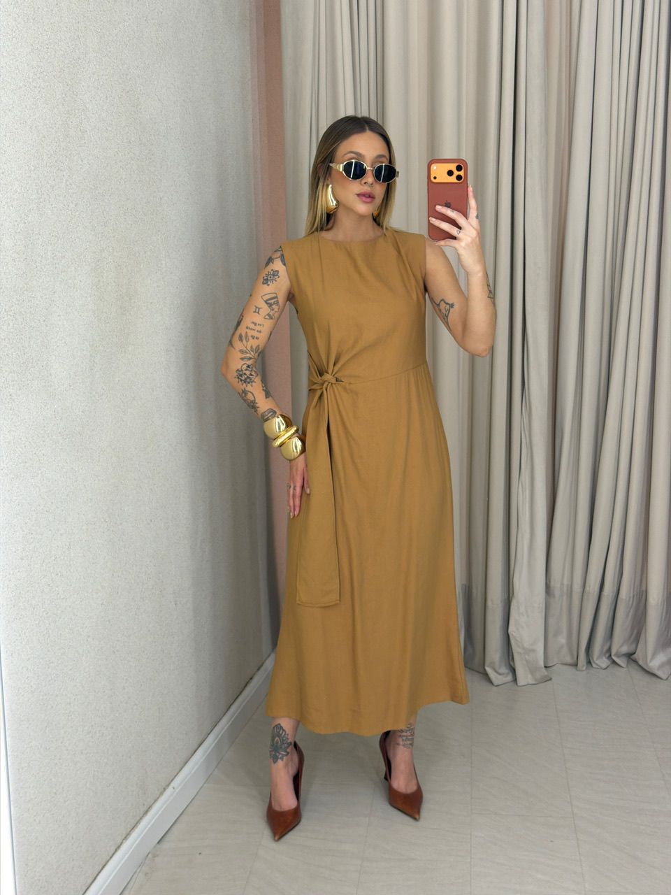 VESTIDO FRANCISCA AMARRAÇÃO MOSTARDA - 0075200051 - CAROLLA FERRARO
