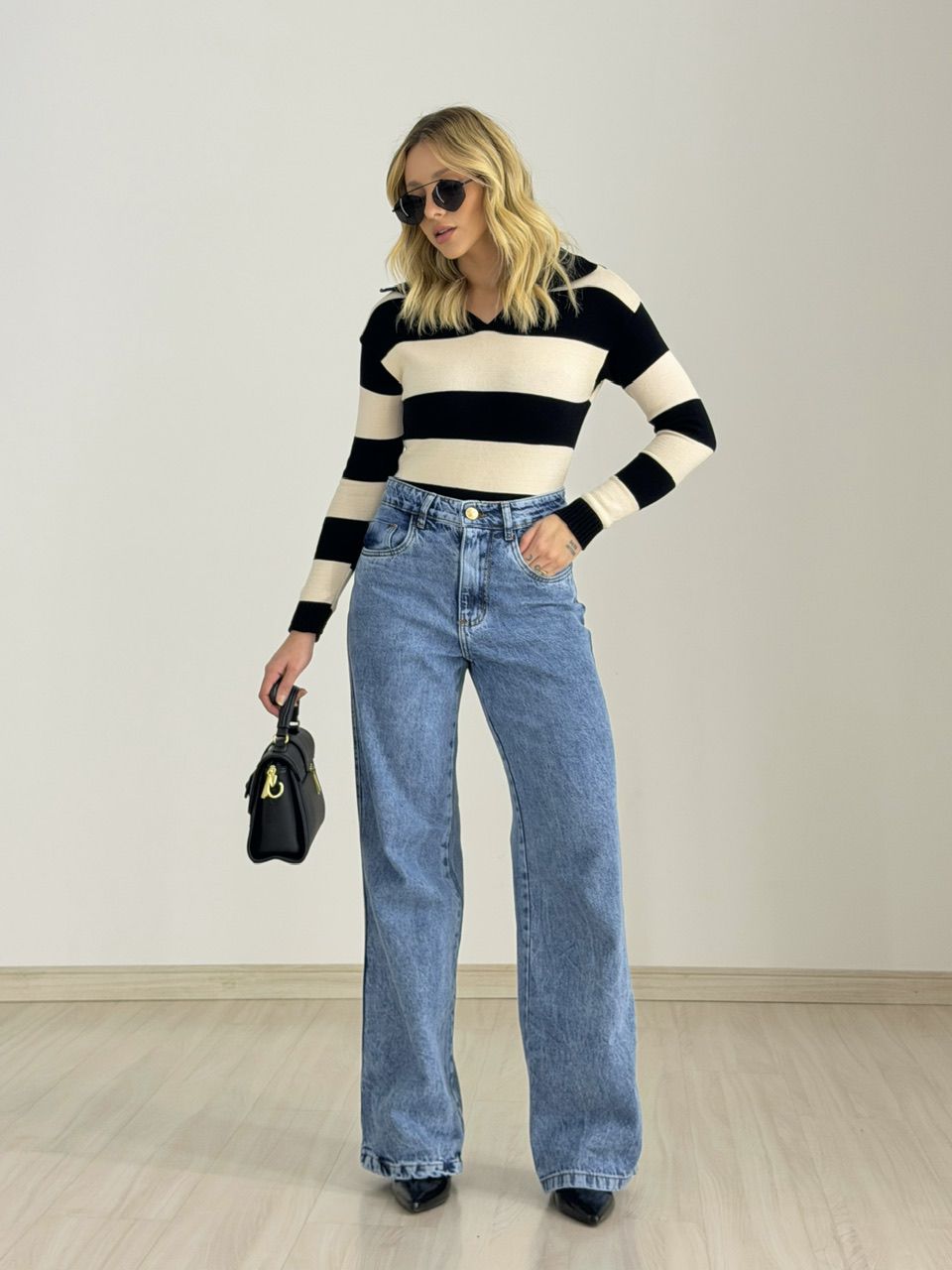 TRICOT MAFER LISTRAS PRETO/CREME
