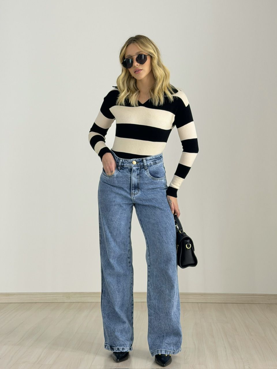 TRICOT MAFER LISTRAS PRETO/CREME