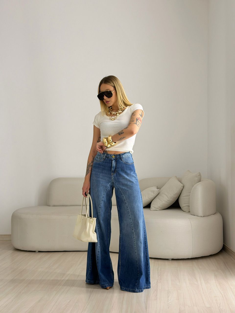 CALÇA RAISSA PANTALONA JEANS MÉDIO