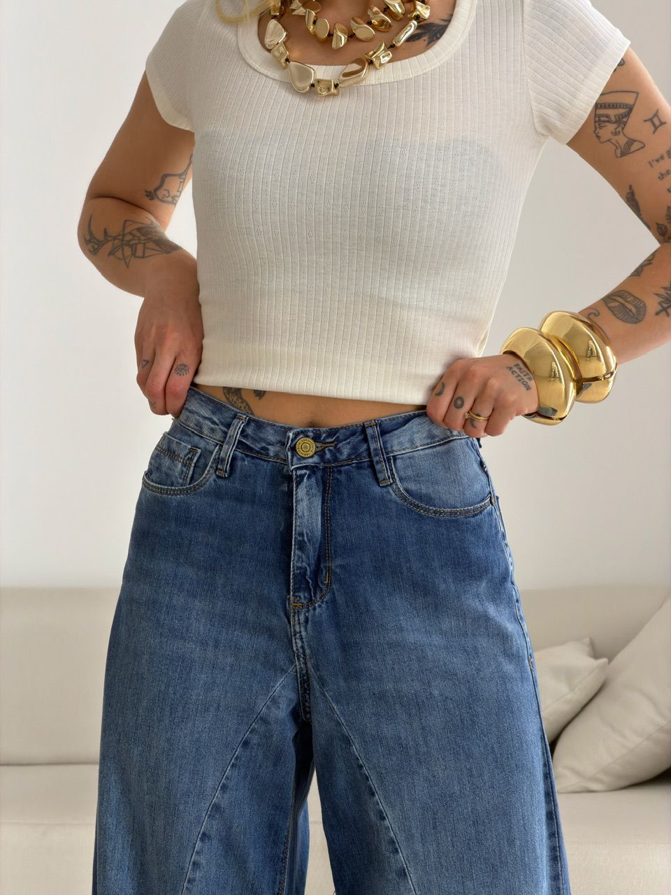 CALÇA RAISSA PANTALONA JEANS MÉDIO