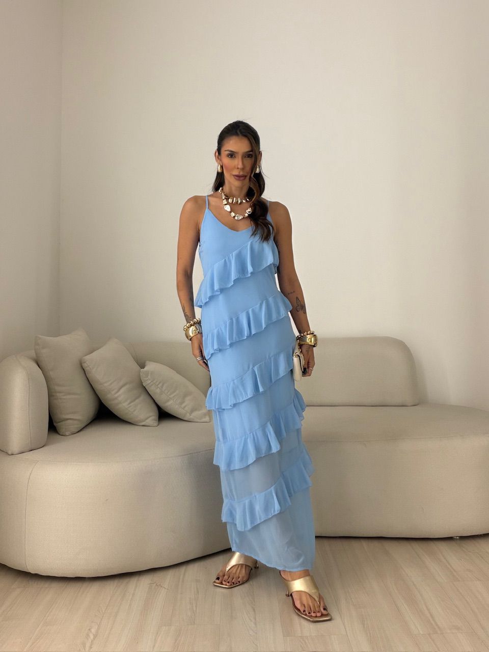 VESTIDO CINTIA BABADOS AZUL - 0079980109 - CAROLLA FERRARO