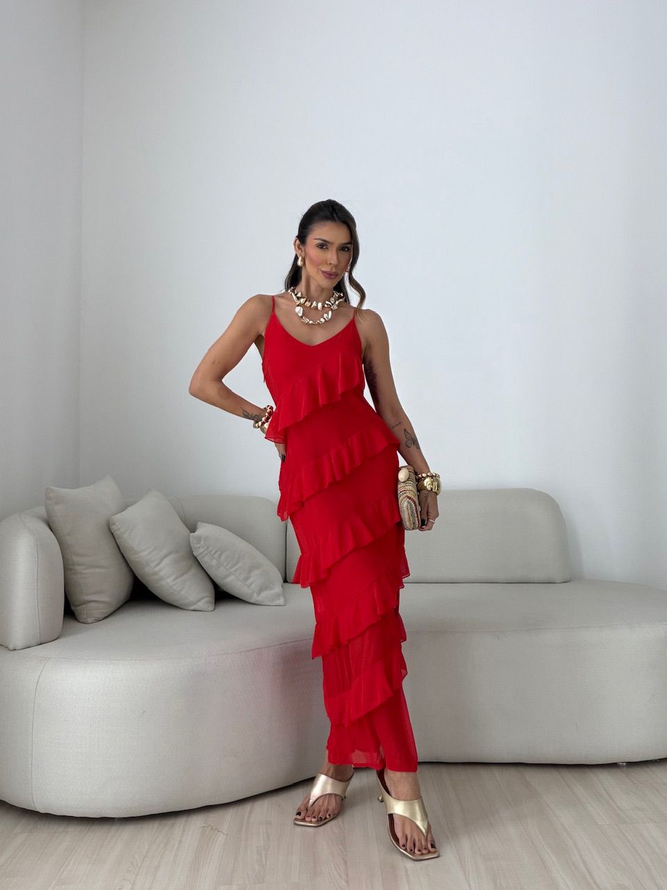 VESTIDO CINTIA BABADOS VERMELHO - 0079980277 - CAROLLA FERRARO