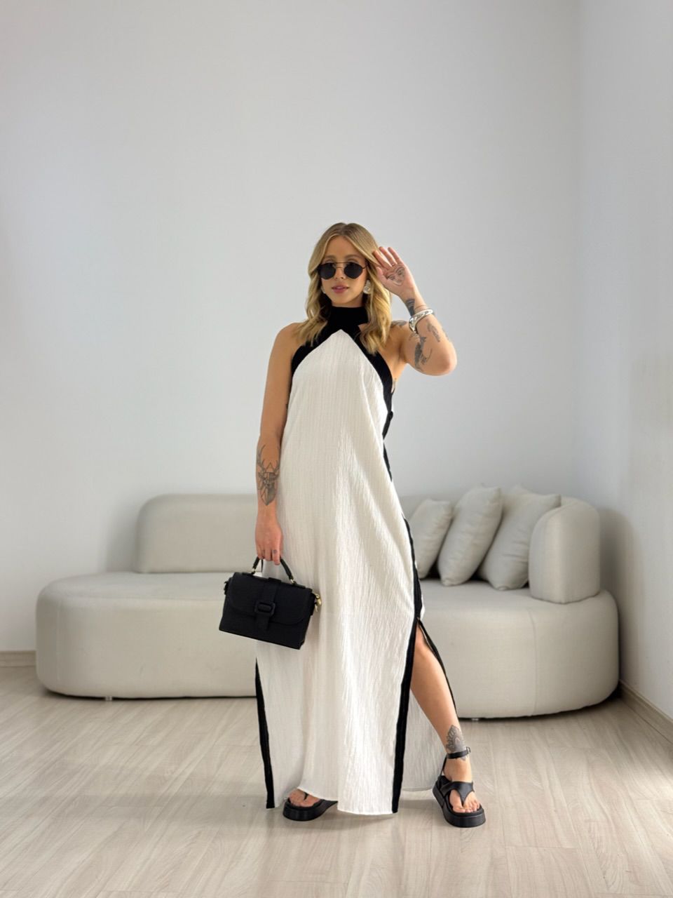 VESTIDO FLORA CF BICOLOR Branco - 0070760098 - CAROLLA FERRARO