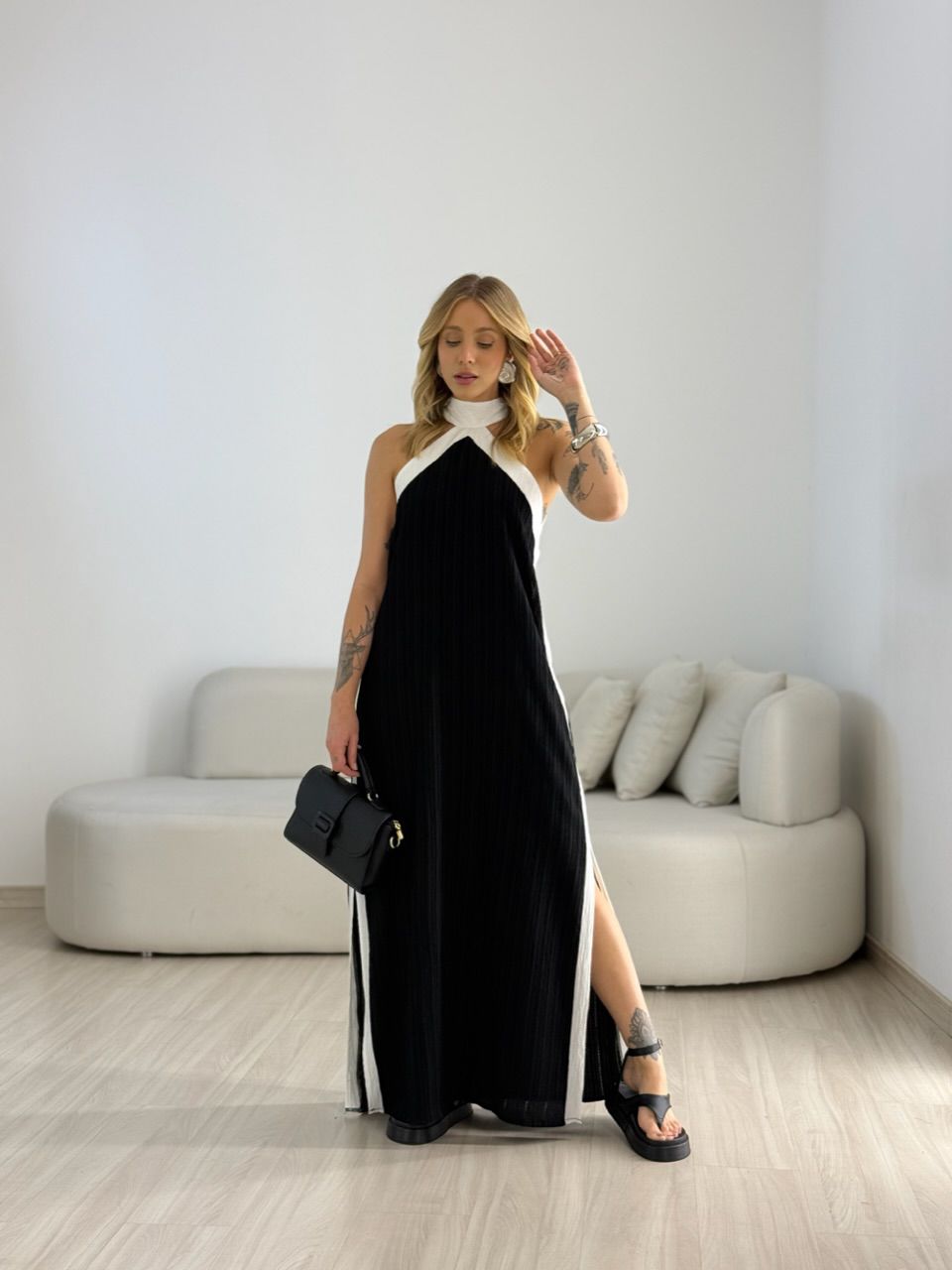 VESTIDO FLORA CF BICOLOR preto