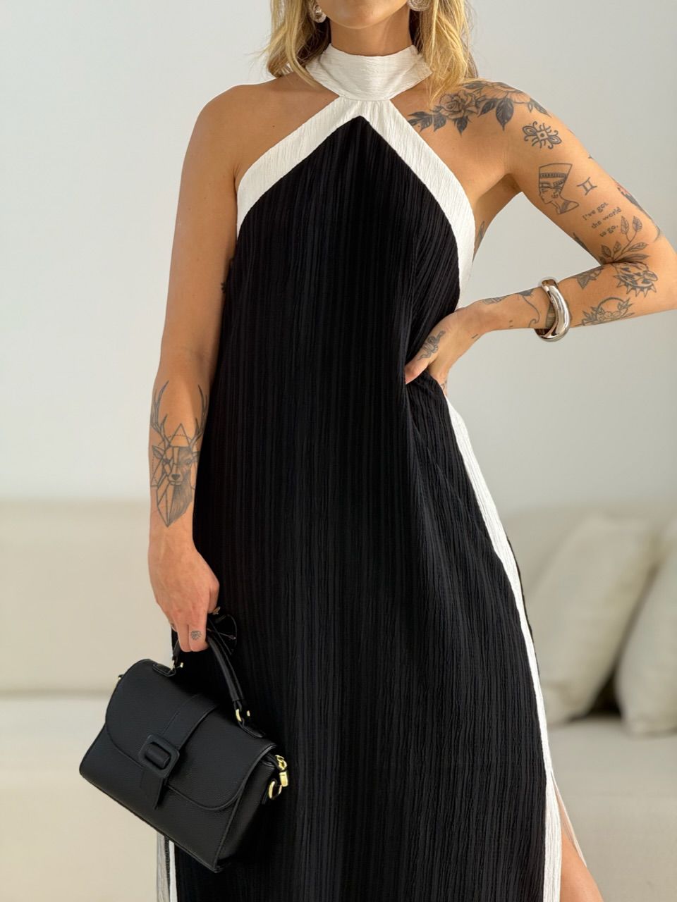 VESTIDO FLORA CF BICOLOR preto