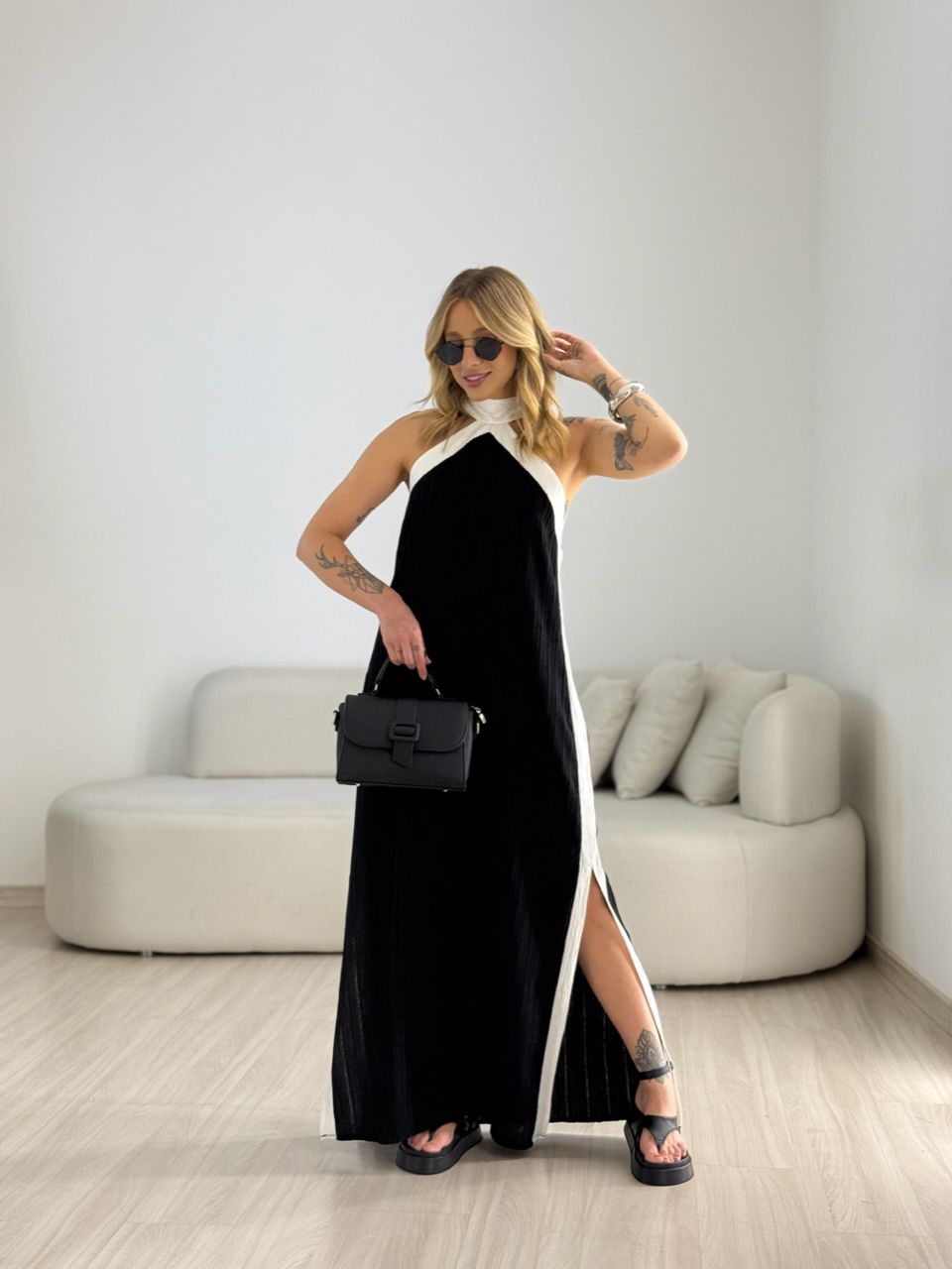 VESTIDO FLORA CF BICOLOR preto - 0070760032 - CAROLLA FERRARO