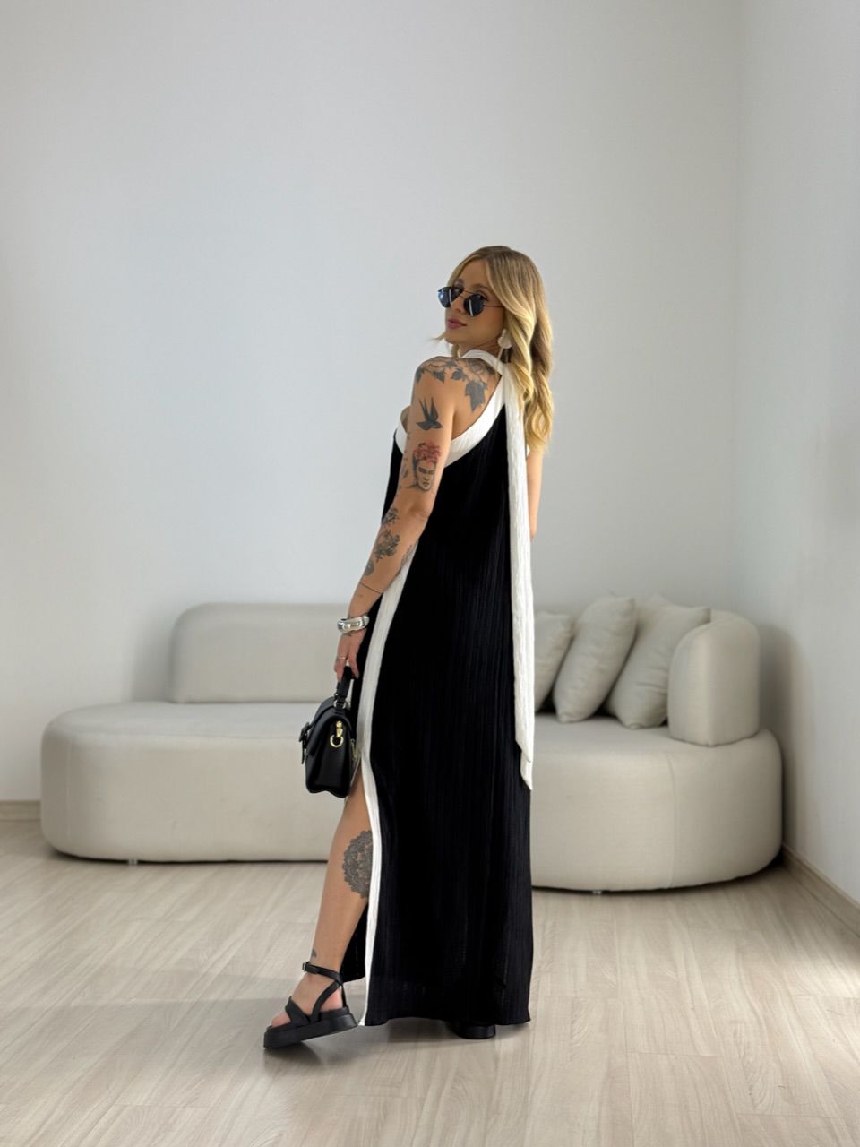 VESTIDO FLORA CF BICOLOR preto