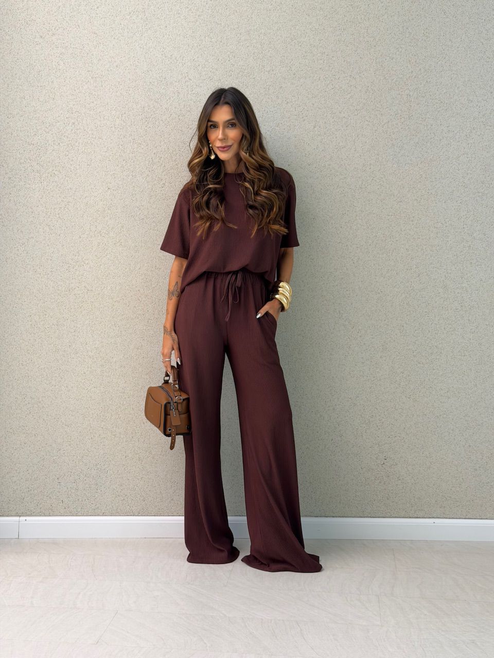 CONJUNTO IRENE BLUSA CALÇA MARROM - 0064470054 - CAROLLA FERRARO