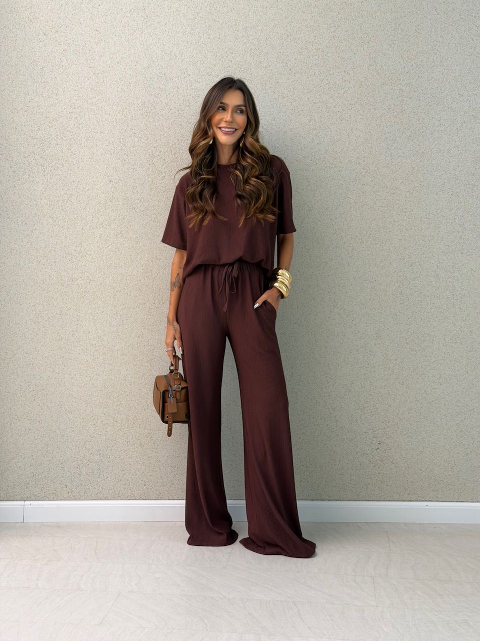 CONJUNTO IRENE BLUSA CALÇA MARROM