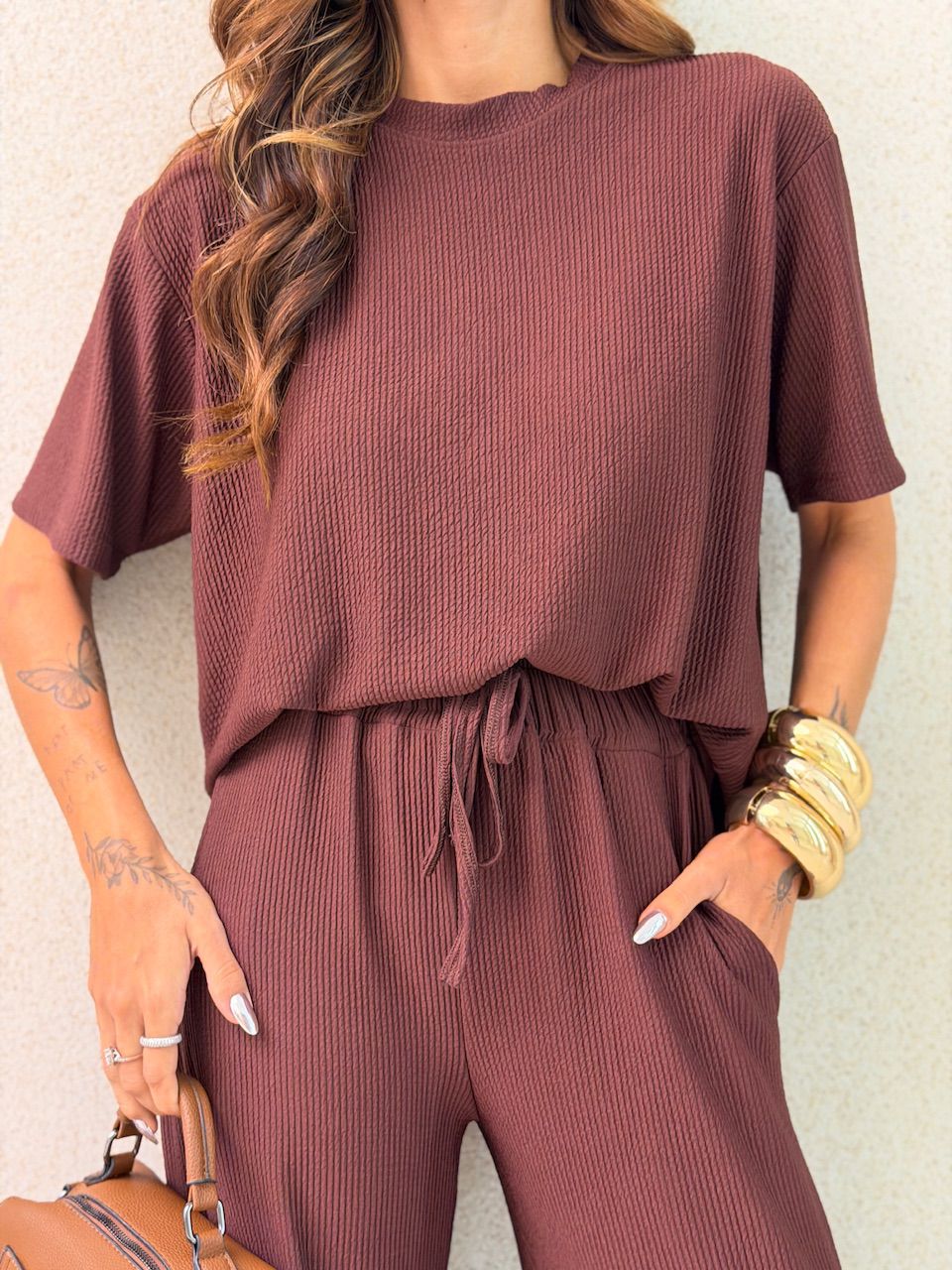 CONJUNTO IRENE BLUSA CALÇA MARROM