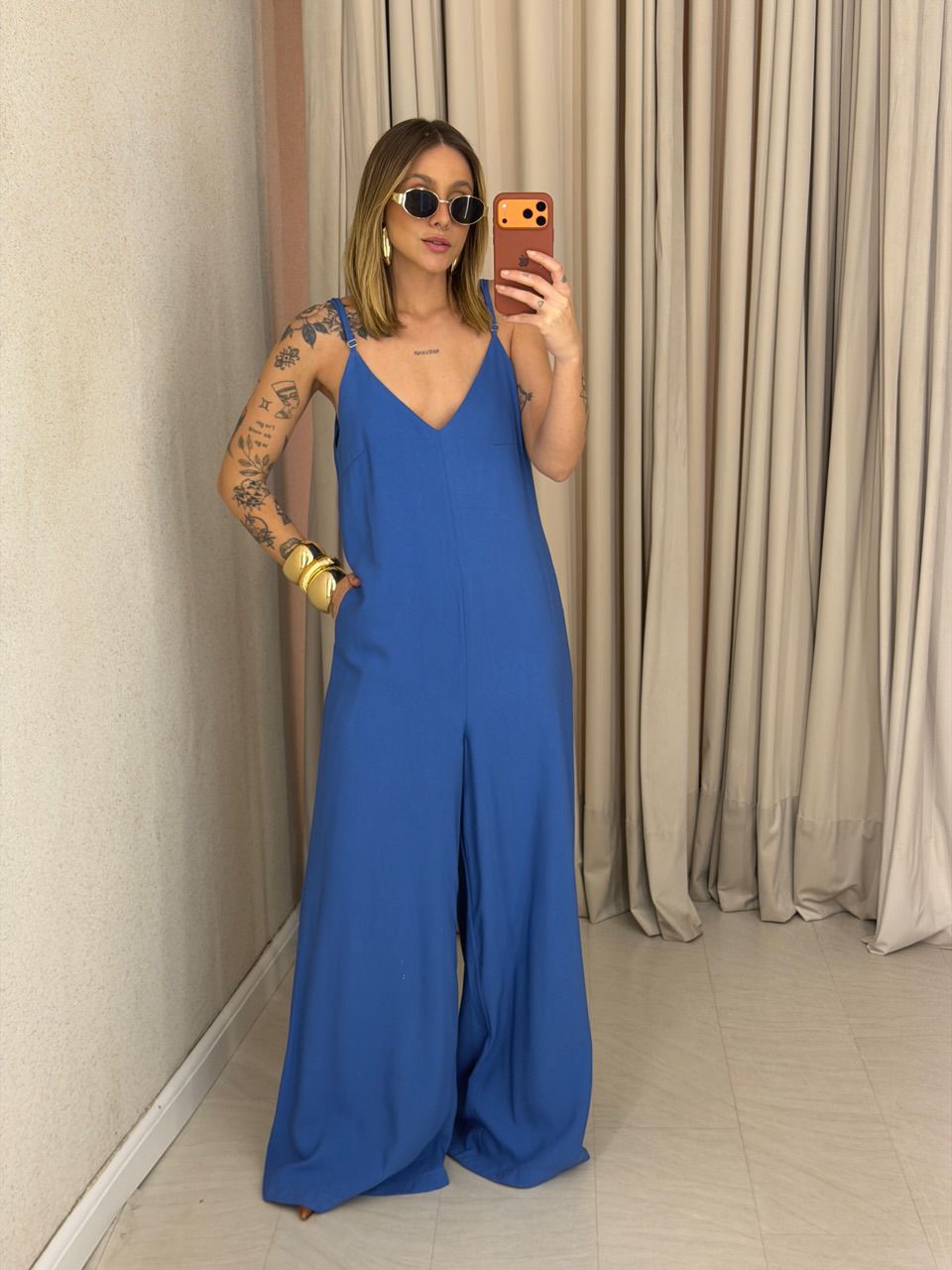 MACACÃO JOYCE ALCINHA BLUE JEANS - 0075230433 - CAROLLA FERRARO