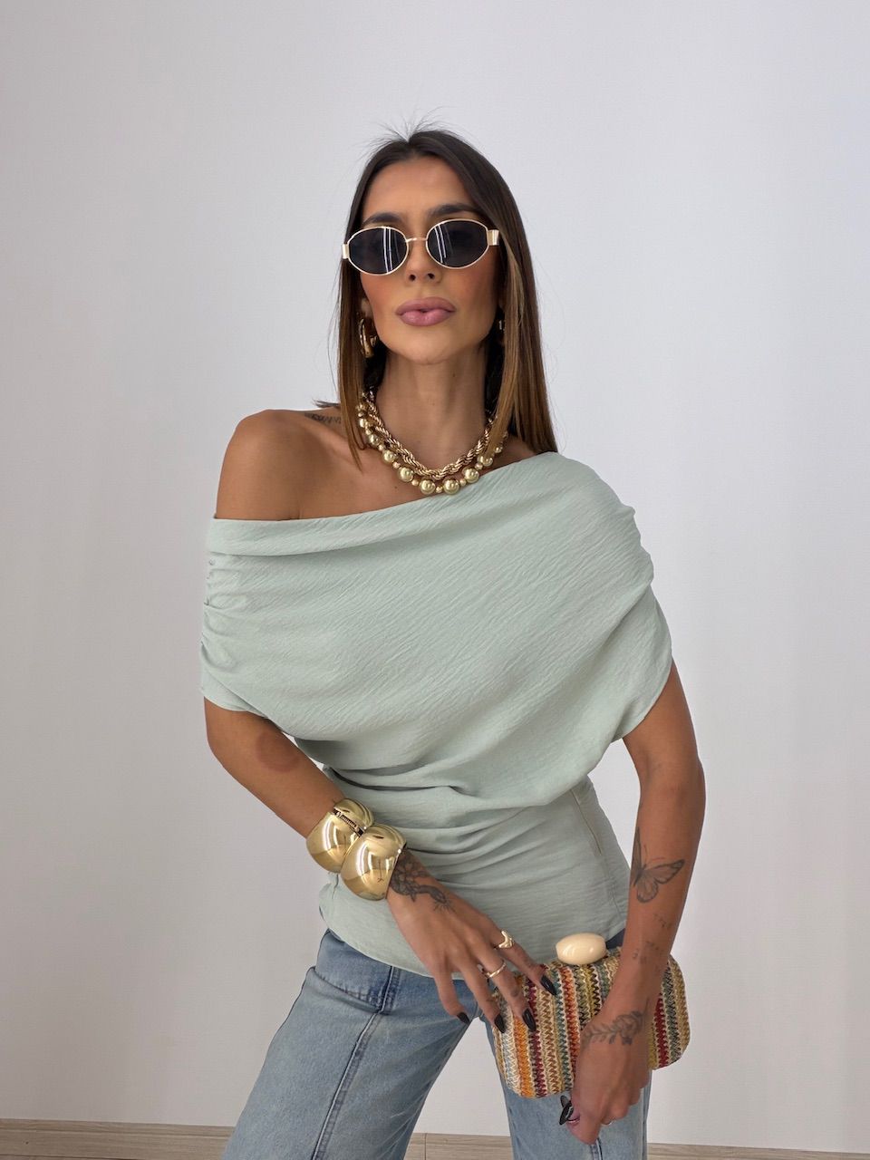 BLUSA LIZ DRAPEADA MENTA - 0077560196 - CAROLLA FERRARO