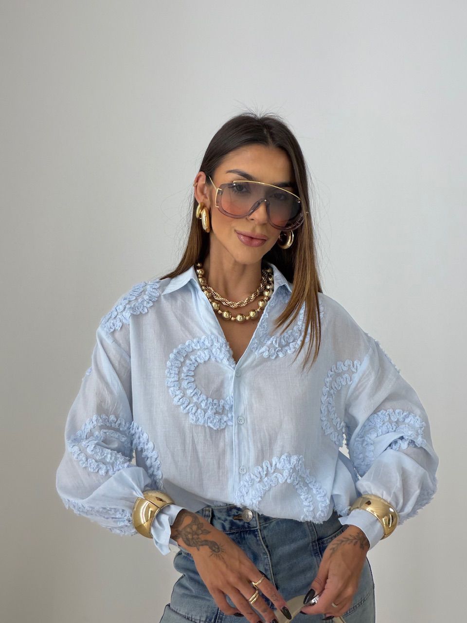 CAMISA GISELE BORDADA AZUL - 0077520109 - CAROLLA FERRARO