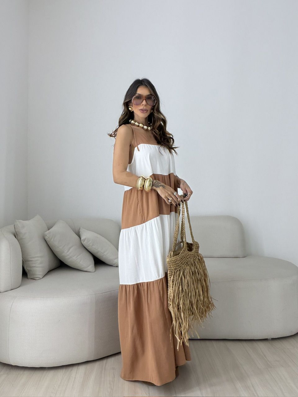 VESTIDO JANAÍNA ALCINHA CAPUCCINO - 0080160125 - CAROLLA FERRARO