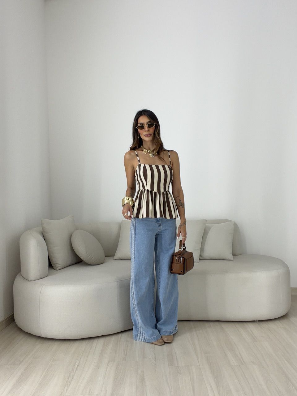 BLUSA MARRIE PEPLUM ALCINHA MARROM/OFF