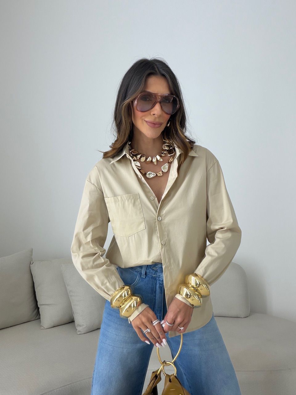CAMISA ANDRÉIA TRICOLINE AREIA - 0080910110 - CAROLLA FERRARO