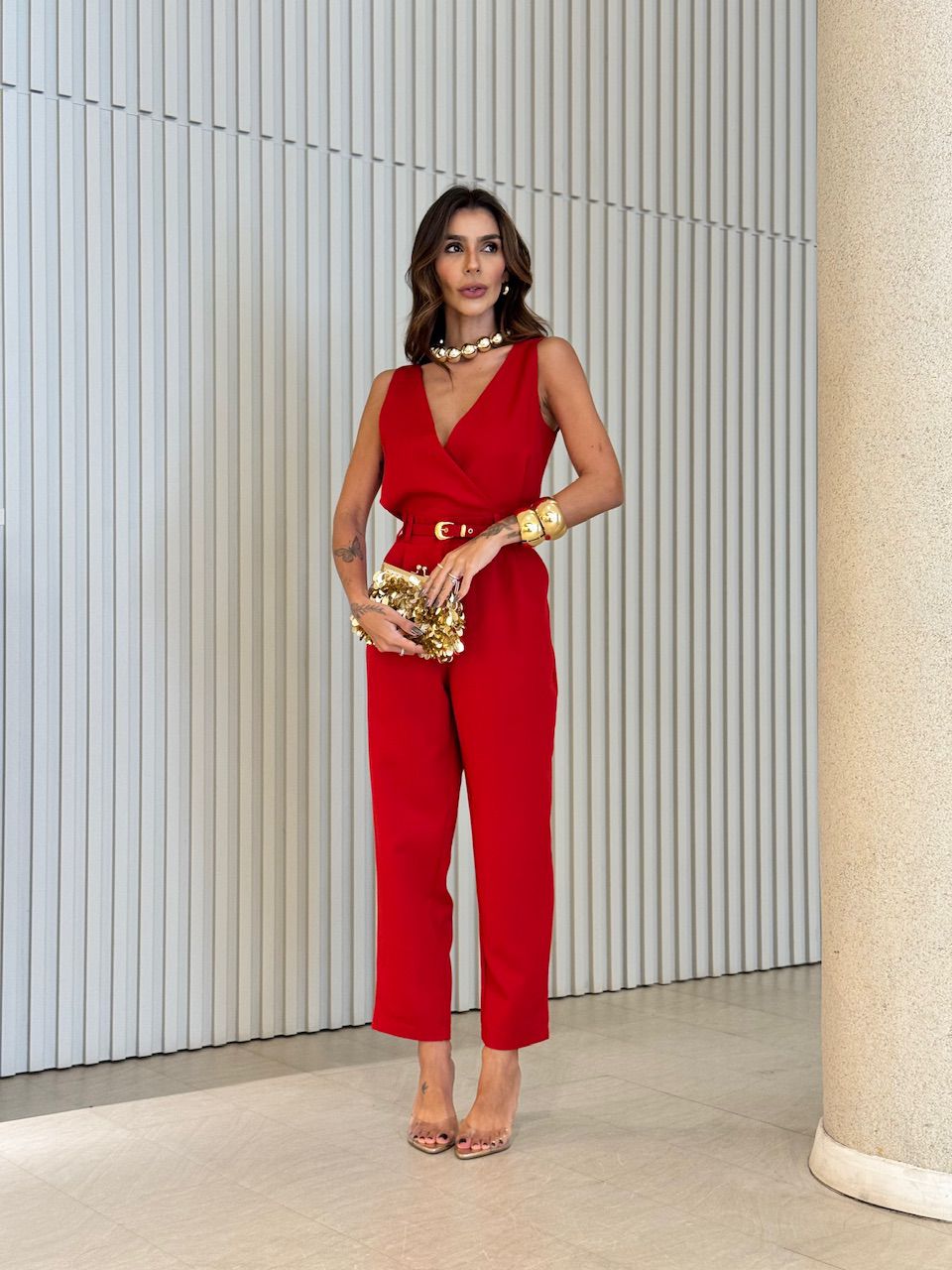 MACACÃO SOLANGE CINTO VERMELHO