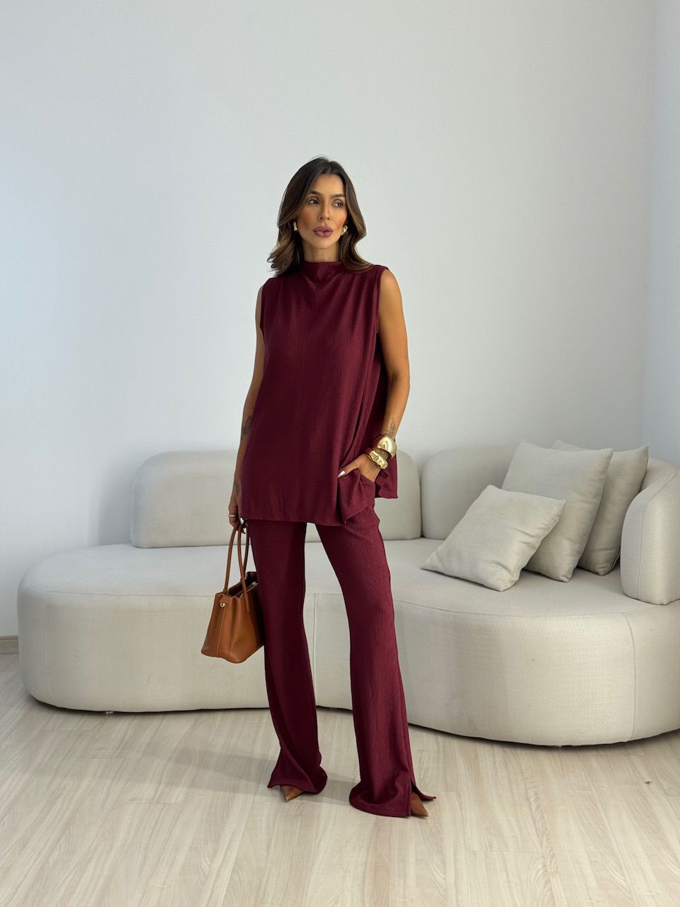 CONJUNTO MILENA BLUSA CALÇA VINHO