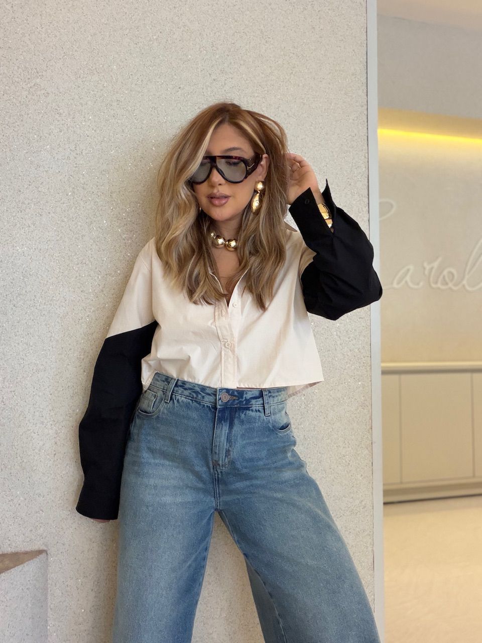 CAMISA RAIANE BICOLOR AREIA - 0075320110 - CAROLLA FERRARO