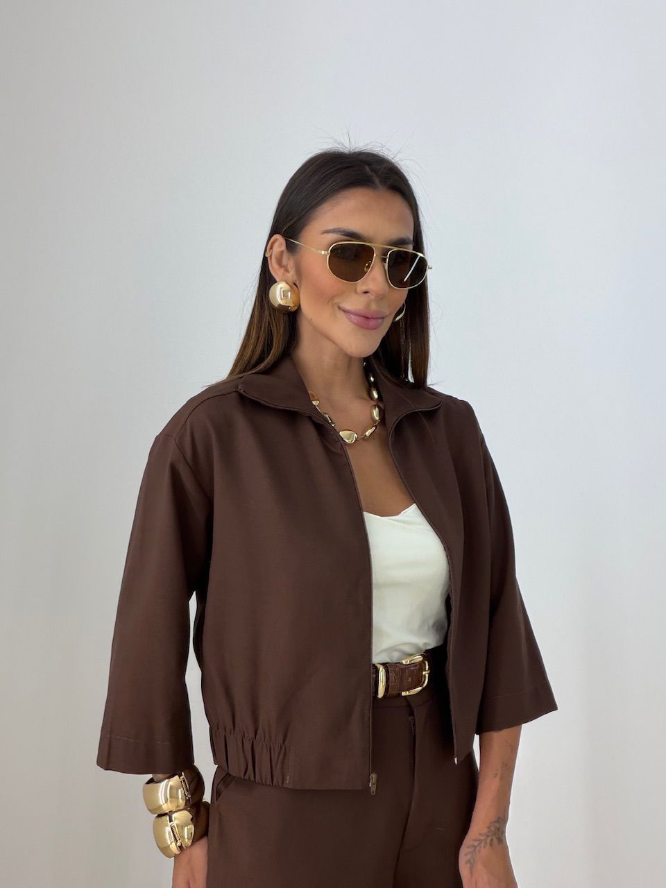 CONJUNTO DENISE JAQUETA CALÇA MARROM