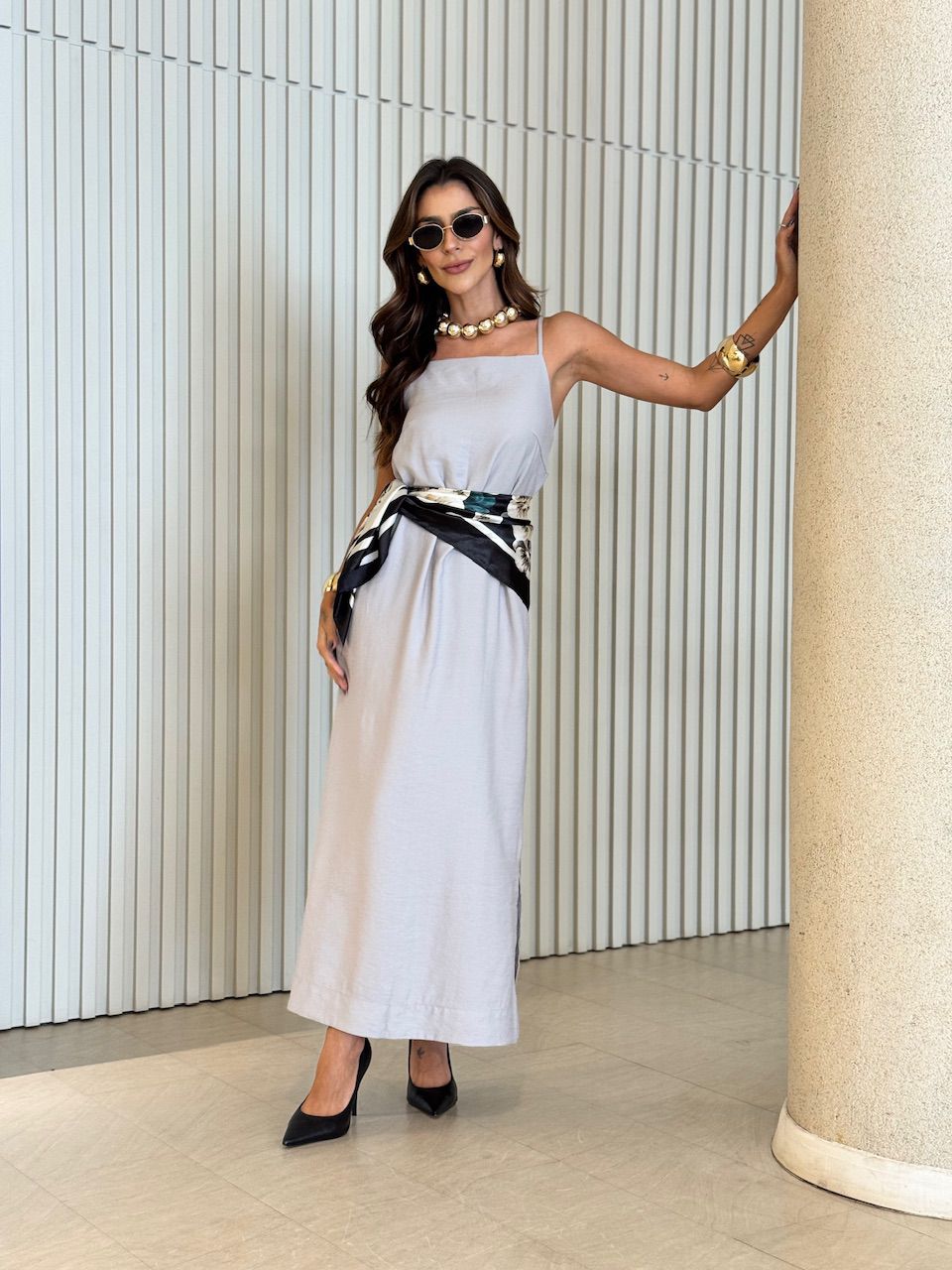 VESTIDO ELIANA ALCINHA CINZA - 0072490091 - CAROLLA FERRARO