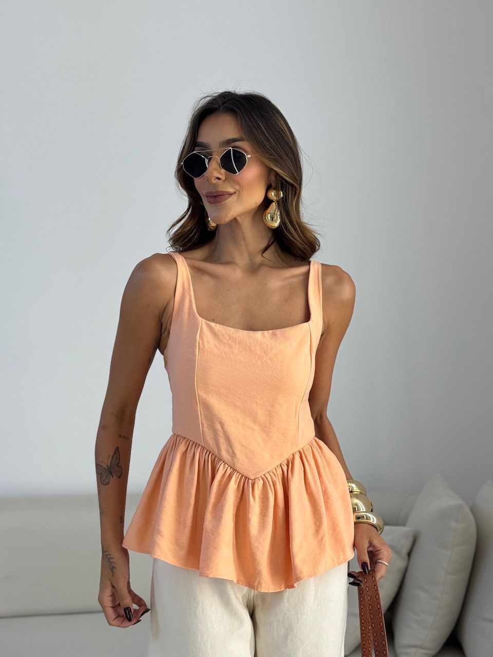 BLUSA ROSANA DECOTE QUADRADO Pêssego - 0072710039 - CAROLLA FERRARO