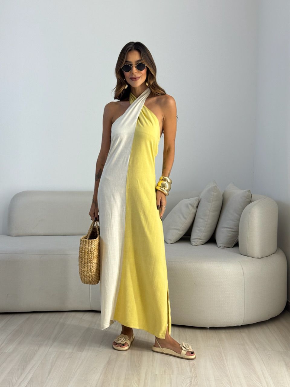 VESTIDO FLAVIANA BICOLOR AMARELO