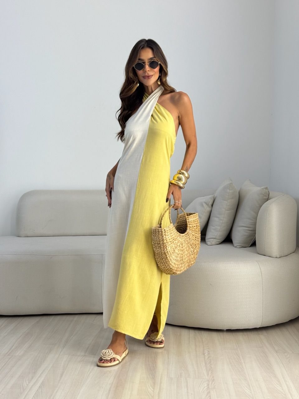 VESTIDO FLAVIANA BICOLOR AMARELO - 0073060111 - CAROLLA FERRARO