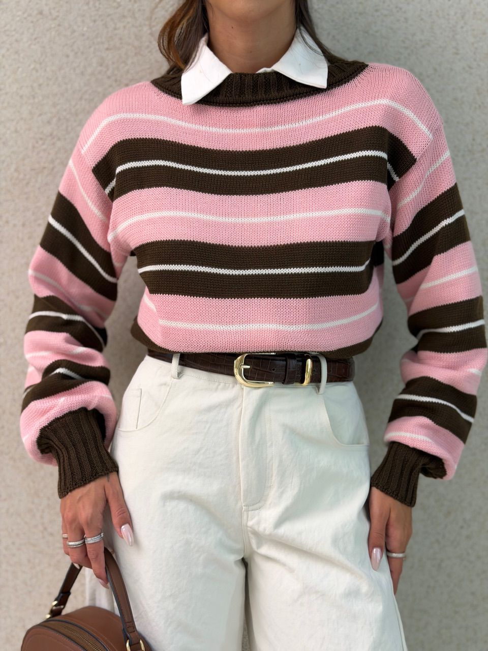 TRICOT GIANE LISTRAS MARROM/ROSA