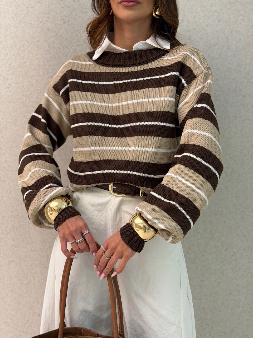 TRICOT GIANE LISTRAS MARROM/NUDE