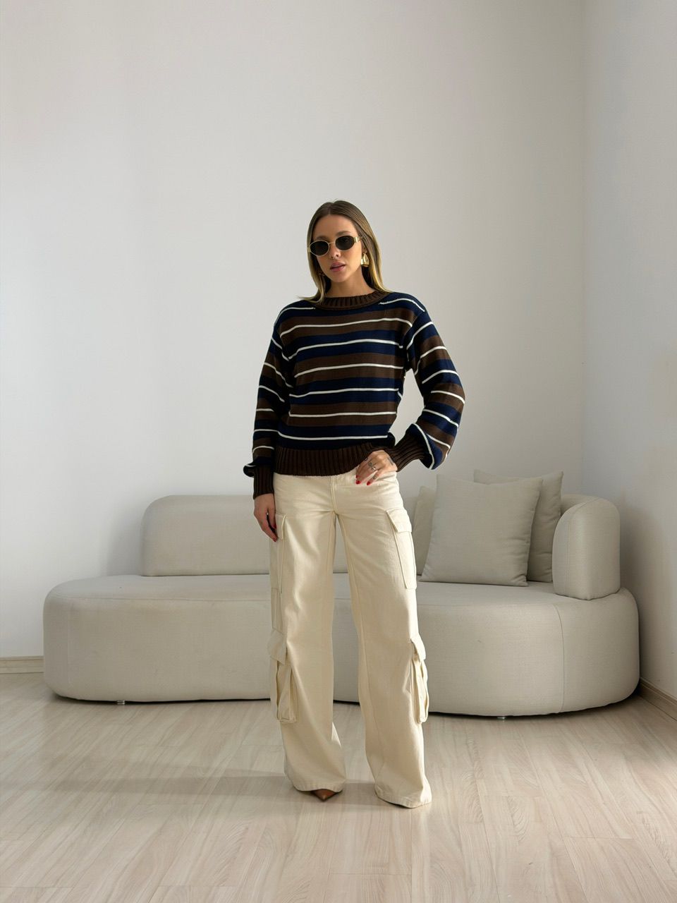 TRICOT GIANE LISTRAS MARROM/MARINHO