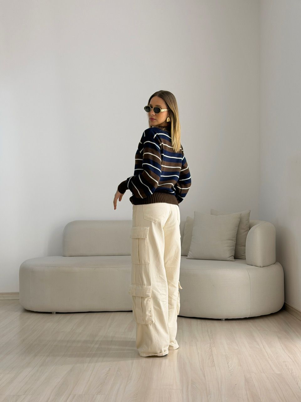 TRICOT GIANE LISTRAS MARROM/MARINHO