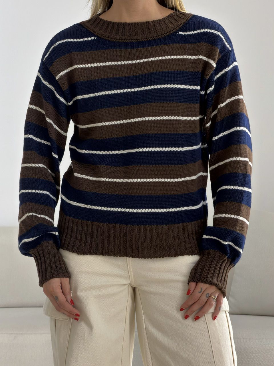 TRICOT GIANE LISTRAS MARROM/MARINHO