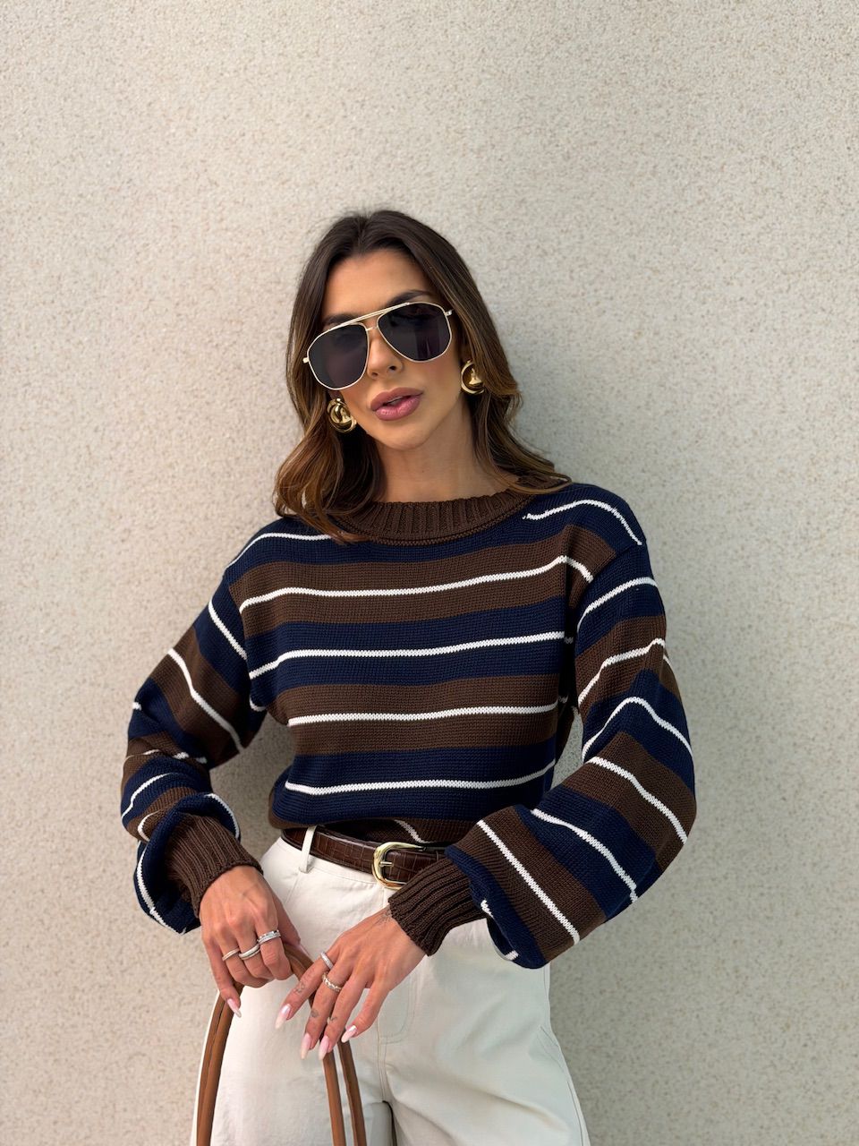 TRICOT GIANE LISTRAS MARROM/MARINHO - 0076590459 - CAROLLA FERRARO